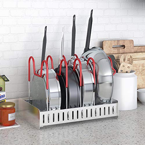 Lifewit Expandable Pan and Pot Lid Organizer Rack Holder Adjustable Kitchen Cabinet Pantry, 5-Tier Compartments Cupboard Bakeware Lid Plate Holder, Silver and Red