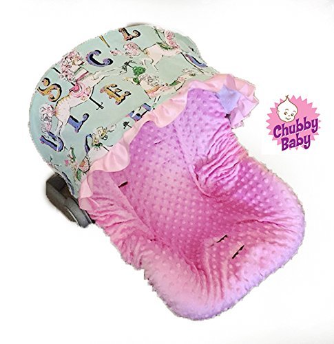 Baby Car seat Cover, Canopy in carousel hourses. Seat in baby pink
minky. FREE strap covers included Baby Car seat Cover, Canopy in carousel hourses. Seat in baby pink
minky. FREE strap covers included