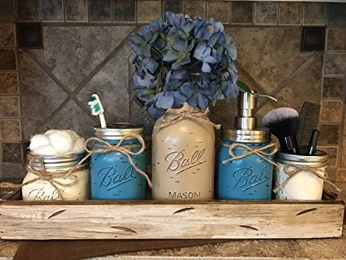 ChristmasSign MASON Jar Bathroom Decor Antique White TRAY SET Cotton Ball Toothbrush Holder Quart Vase with Flower Soap Dispenser Mini Qtip Jars