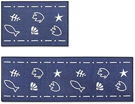 2pcs/set Non Slip Kitchen Floor Mat Durable Entrance Doormats Absorbent Carpets for Bedrooms Bath Rugs and Mats Set (15"x47"+ 15"x23" Inch) (Blue-fish)