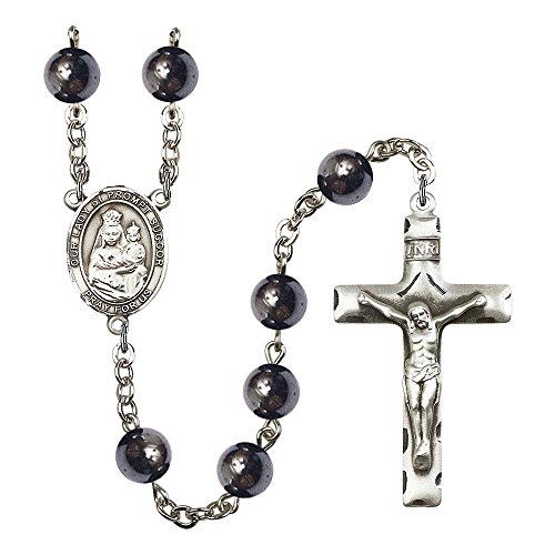 Our Lady of Prompt Succor Silver-Plated Rosary 8mm Hematite Beads Crucifix Size 1 3/4 x 1 medal charm