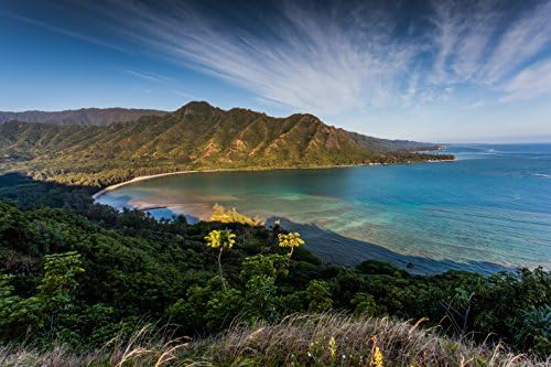 Aerial view of Kahana Bay as seen from the Crouching Lion hiking trail in Kaaawa, Oahu, Hawaii print picture photo photograph fine art