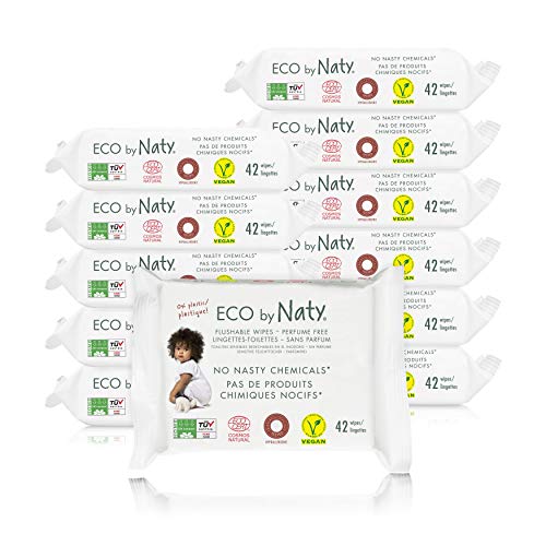Eco by Naty Thick Flushable Baby Wipes for Sensitive Skin, Unscented, Hypoallergenic, Biodegradable and Compostable, 12 Packs of 42 (504 Count)
