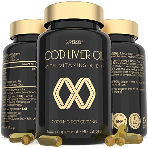 Buy Cod Liver Oil Tablets - High Strength 2000mg - 60 Softgel Capsules -  Rich in Omega 3 EPA DHA \u0026 Vitamins A and D - 1000mg Cod Liver Oil per  Capsule -