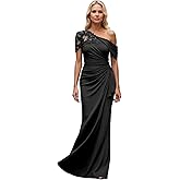 RYANTH One Shoulder Mother of The Bride Dresses for Women Long Mermaid Pleated Lace Chiffon Formal Wedding Guest Dress