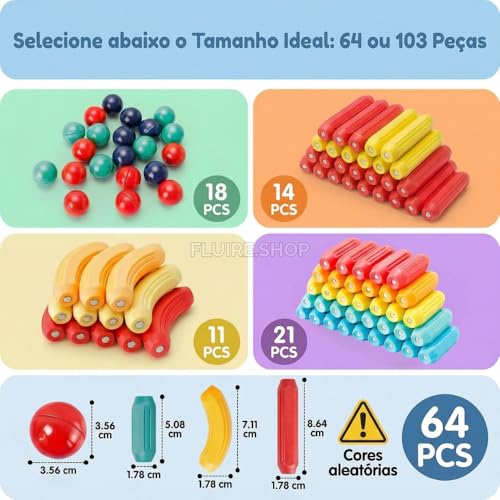 Bloco Magnetico Infantil de Montar, Brinquedo Educativo Infantil Bastões e Bolas, Kit de Construção 2D e 3D, Desenvolvimento STEM para Criatividade, Coordenação Motora e Raciocínio Lógico (103)