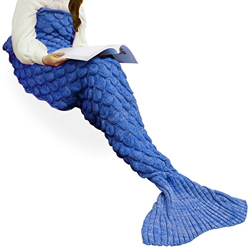 Handmade Knitted Mermaid Tail Blanket Crochet ，T-tviva All Seasons Warm Bed Blanket Sofa Quilt Living Room Sleeping Bag for Kids and Adults (72.8