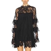 Women Lace See Through Mini Dress Long Sleeve High Neck Ruffle Dresses Sheer Mesh Overlay Short Dress Beach Cover Up