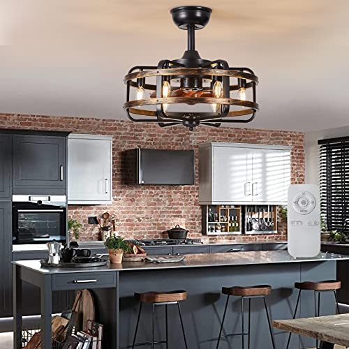 IZOWE Ceiling Fans with Lights and Remote, Industrial Caged Ceiling Fan 3 Speed Vintage Reversible Ceiling Fans with Lamps for Bedroom Dining Room Kitchen E14*6