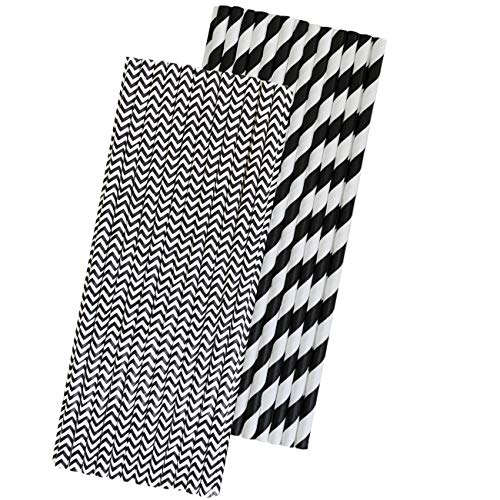 Black and White Paper Straws - Stripe and Chevron - 7.75 Inches - 50 Pack - Outside the Box Papers Brand