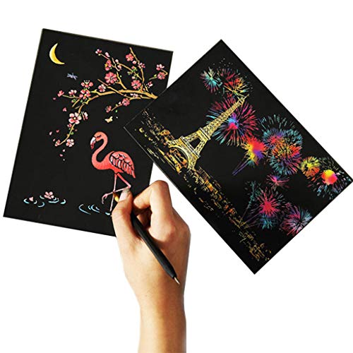 Eraimp Scratch Art Paper, Magic Color Scratch Art Painting, DIY Arts & Crafts, Rainbow Scratchboard Postcards for Kids and Adults with Drawing Stick