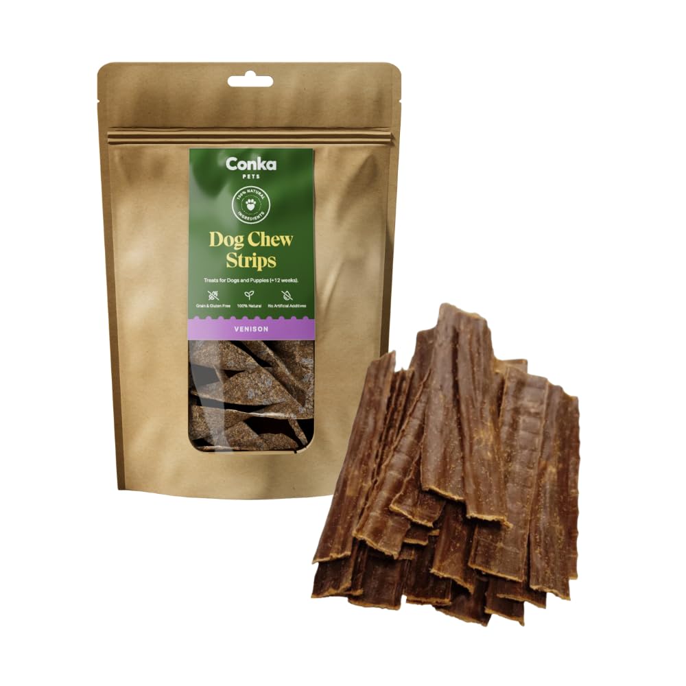 Conka Pets Dog Treats Chew Strips, 100% Natural Strips (250 g) - Dog Chews Treats, Hypoallergenic, Grain, Gluten & Lactose Free for Small to Large Dogs and Puppies (250g, Venison)