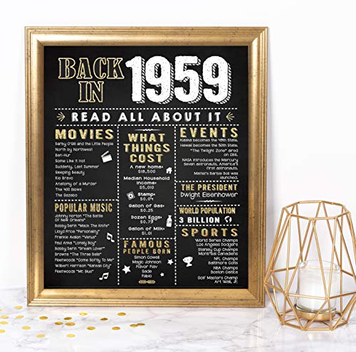 Katie Doodle 60th Birthday Decorations Gifts for Women or Men | Includes 8x10 Back-in-1959 Sign [Unframed], BD060, Black/Gold