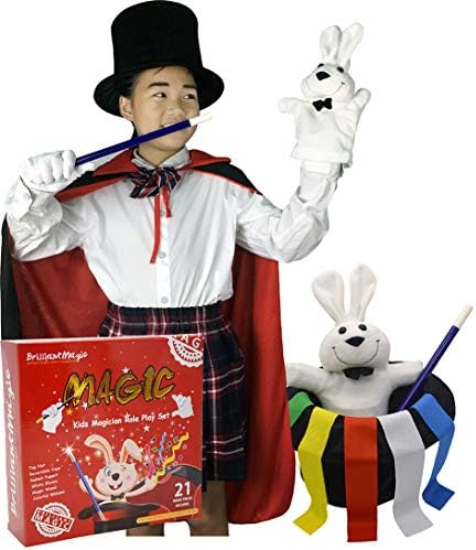 BrilliantMagic Kids Magician Role Play Set with Magic Cape Top Hat Rabbit Magic Wand Gloves and Coloring Ribbons(Small Cape 35" Length)