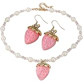KZL Cute Strawberry Jewelry Set Funny 3D Imitation Fruits Strawberry Necklace Earrings for Women Imitation Pearl Beaded Choker Necklace Y2k Jewelry Gift