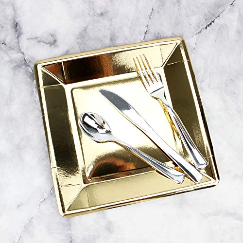Pack of 100 Gold Disposable Shiny Foil Paper Plates, Square 9", Party Supplies for Appetizer, Lunch, Dinner, or Dessert