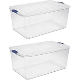 105 Qt Clothes Storage Bins with Lids, 2-Pack Clear Plastic Stackable Totes | 105qt clear bins with locking lids, BPA-free, stackable for storing seasonal clothes, bedding, and blankets in closet.
