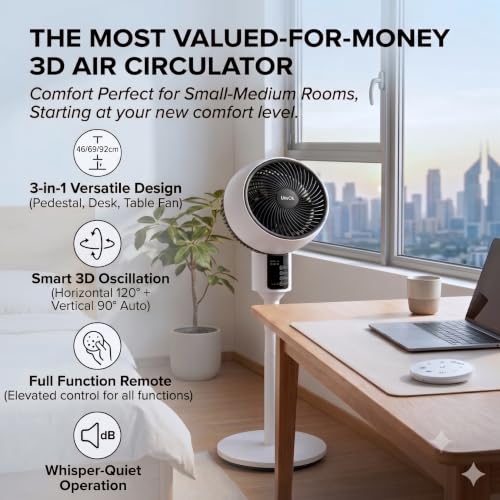 Pedestal Air Circulator Fan with Remote Control, Smart 3D Oscillation Cooling Fan for Bedroom Home Office, 3 Speeds, 7.5H Timer, 46 to 92cm 3-Way Adjustable Height Table Standing Fan, White