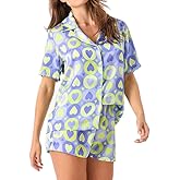 NUFIWI Women Heart Print Silk Pajama Shorts Set Satin Short Sleeve Button Up Shirt Shorts Pjs Valentines Sleepwear Loungewear