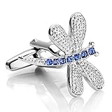 Men's 2 PCS Rhodium Plated Cufflinks CZ Silver Tone Blue Dragonfly Shirt Wedding Business 1 Pair Set