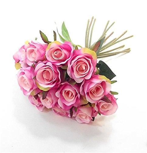 FS 25cm Artificial Pink Mini Rose Rosebud Bundle Posy with 15 Flower Heads/Stems - Home Wedding