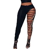 Women's Cut Out Sexy Leggings Ripped Mid Waist Tummy Control Full-Length Skinny Pants with Chain Decor Streetwear
