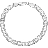 Sterling Silver Mariner Link Bracelet - 5.5MM, 6.5MM, 8MM, 9MM, 10.5MM, 12MM Thick Silver Link Bracelet for Men