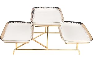 LIUYWYHCF Three-Tier Ceramic Plate Rack - A Foldable Gold-Rimmed Plate Rack with Three 10.6-inch Gold-Rimmed Plates for displ