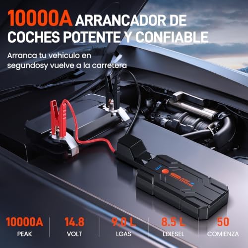 Motor de arranque de bateria de carro 14.8V-8000A com arranque de emergência para motor a gasolina 9.0L ou diesel de 8.5L, power bank portátil com carregamento rápido QC3.0, lanterna LED e pinças inteligentes