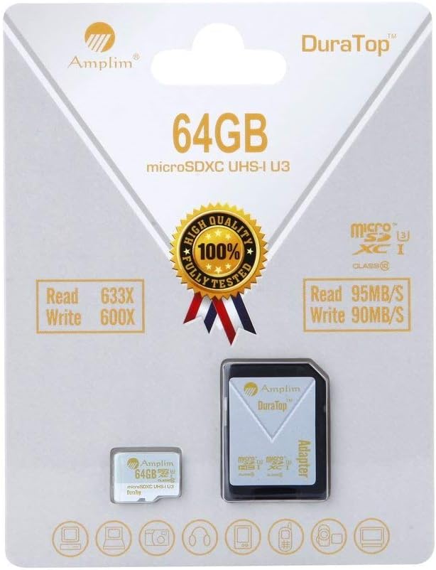 Amplim 64GB High Endurance Micro SD SDXC U3 Memory Card Plus Adapter Pack (Class 10 UHS-I MicroSD XC Extreme Pro) 64 GB Ultra High Speed 95/90MB/s R/W UHS-1 TF MicroSDXC 4K Flash - Cell Phone, Camera