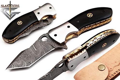 GladiatorsGuild 6015 Custom Handmade Survival Damascus Steel Tanto Blade 4 Inch Best Folding Pocket Knife Liner Lock with Sheath