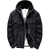 QOAAIE Mens Fleece Lined Denim Hoodie Jacket Casual Long Sleeve Button Down Trucker Coat Warm Winter Hooded Jean Jacket