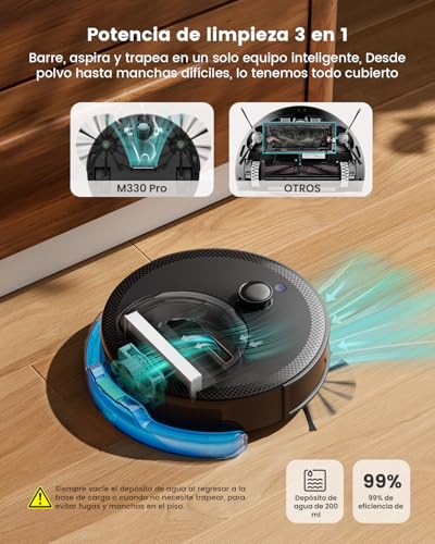 Lefant M330 Pro Robot Aspirador y Trapeador con Premium Navegación dToF LiDAR, 5000Pa, 150min, Mini Diámetro 28cm, Barre, Aspira, Friega y Pasa la Mopa, App/Alexa/i Watch, TotalSurface, Negro