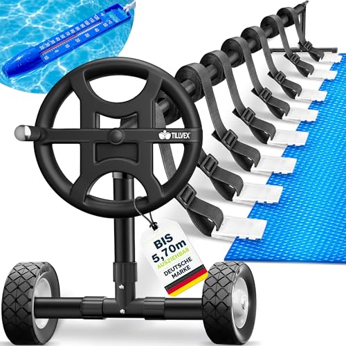 tillvex® Pool Aufroller Premium 3-5,70m inkl. Vollgummireifen & Thermometer