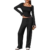 Herseas Women's 2 Piece Outfits Long Sleeve Square Neck Crop Tops Wide Leg Tracksuits Casual Lounge Set