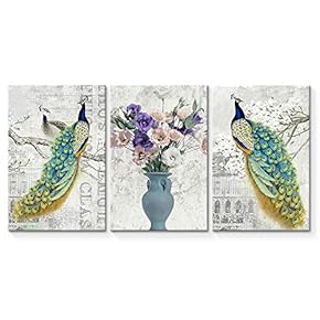 Canvas Wall Art Abstract Vintage Peacock Painting Artwork for Home Prints Framed - 16"x24" x 3 Panels