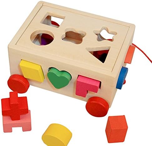 KMMall Classic Wooden Shape Sorting Cart - Classic Wooden Toy With 15 Geometric Shapes