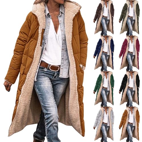 peiaclkde Long Winter Coats For Women Uk Quilted Jacket Womens Fleece Lined Puffer Coats Solid Color Full Zip Parka Coat Waterproof Warm Long Sleeve Down Jacket Overcoat With Hood And Pockets