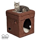 MidWest 137-BR "The Original" Curious Cat Cube, Cat House / Cat Condo in Brown Faux Suede & Synthetic Sheepskin