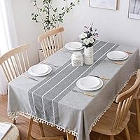Linen Tablecloth for Rectangle Kitchen Dining Tables, Oblong Cotton Linen Fabric Embroidered Table Cloth with Stitching Tassel, Washable Burlap Table Cover for 6 ft Tables (Gray, 55 x 78 Inch)