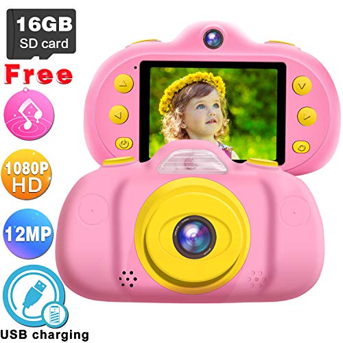GBD 12MP Kids Camera Toys for Boys Girls, HD 1080P Selfie Video Camera with MP3 Player Games Dual Lens, 2.4" Digital Camcorder Recorder Back to School Birthday Gift,(Free 16GB Memory Card) (Pink)
