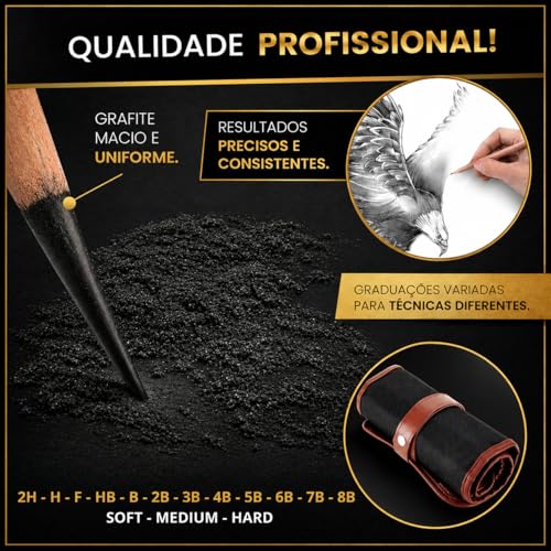 Kit Lápis de Desenho Profissional 29 Peças com Estojo Portátil, Lápis Artísticos, Borrachas, Estilete e Acessórios para Artistas e Estudantes Linha Super Premium 2H B HB 2B 3B 4B 5B 6B 7B 8B