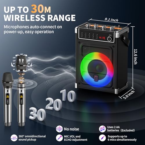 JYX Karaoke Machine with Two Wireless Microphones, Bass/Treble Adjustment and LED Light, TWS Support, AUX Input, FM Radio, REC, Party/Meeting/Wedding Supply - Black