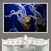 Framed Canvas Wall Art Jellyfish Floating Colorful Fish Group Marine Life Multicolor Nautical Photography Realism Ultra - 16x24 inches