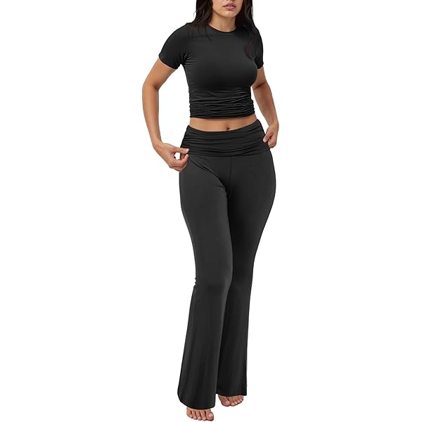 FIOPHY Women's Two-Piece Tracksuit Set – Short Sleeve Crop Top & High Waist Flare Pants, 92% Rayon 8% Spandex | Casual Streetwear & Workout Outfit