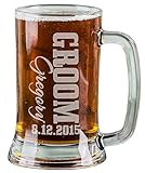 One 16 Oz Groom Groomsmen Beer Mug Wedding Party Gifts for Groom Groomsman Beer Glass Etched Engraved Custom with Name Wedding Title and a Date for Wedding, Engagement Bachelor or Bridal Party Gift or a Favor Idea Wholesale Bulk Quantity Discounts