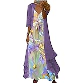 Akivide Womens's Casual 2 Piece Set Boho Floral Print Maxi Dress with Cardigan Flowy Chiffon Wedding Guest Dresses for Women