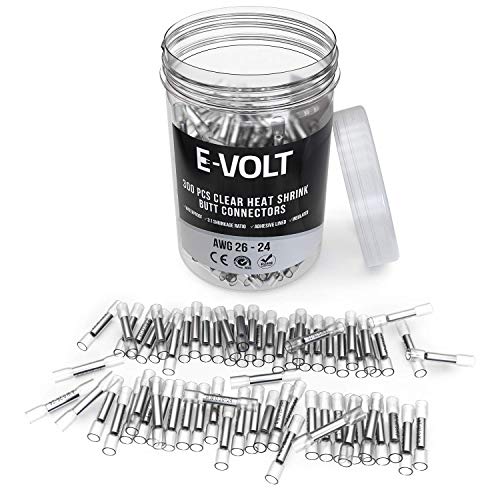 E-VOLT 300 PC Butt Connectors - Weather Resistant Heat Shrink Butt Splicer Terminals for 26 - 24 AWG Wire - Industrial Grade Bulk Insulated Crimp Connectors for Marine, Audio and Automotive