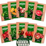 Heirloom Tomato Seeds and Basil Herb Pack, 8 Tomato 2 Basil Seeds Variety,  Non GMO and Organic, 10 Plant Markers and Instructions Included