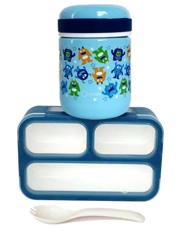 View 1 of Kids Lunch Box with Thermal for Hot or Cold Food, Small Bento-Box, Insulated Stainless Steel Wide Mouth Soup, Boys Girls School Daycare Leakproof Thermal Vacuum Seal Container 10 oz 300 ML Blue Set